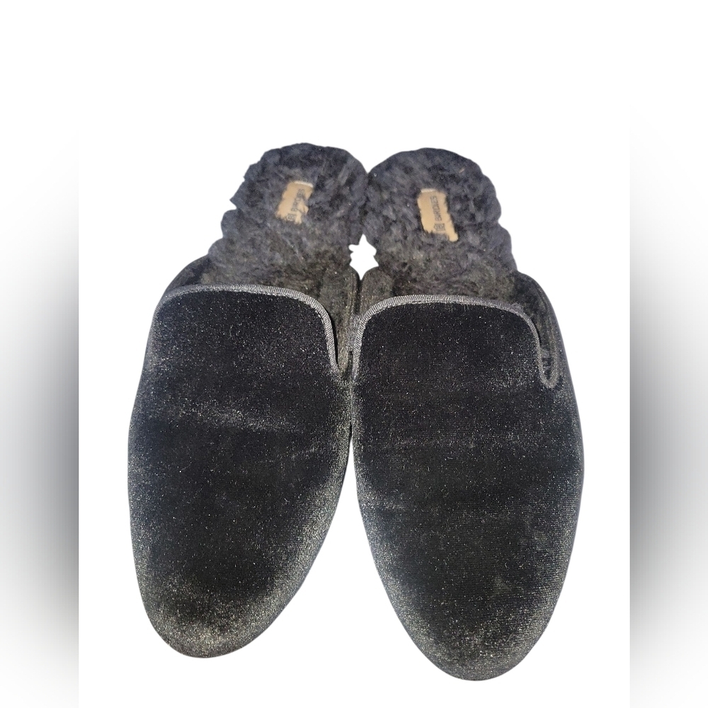 Birdies Women's Phoebe Black Velvet Winter Furry Slip-On Backless Mules Sz 9